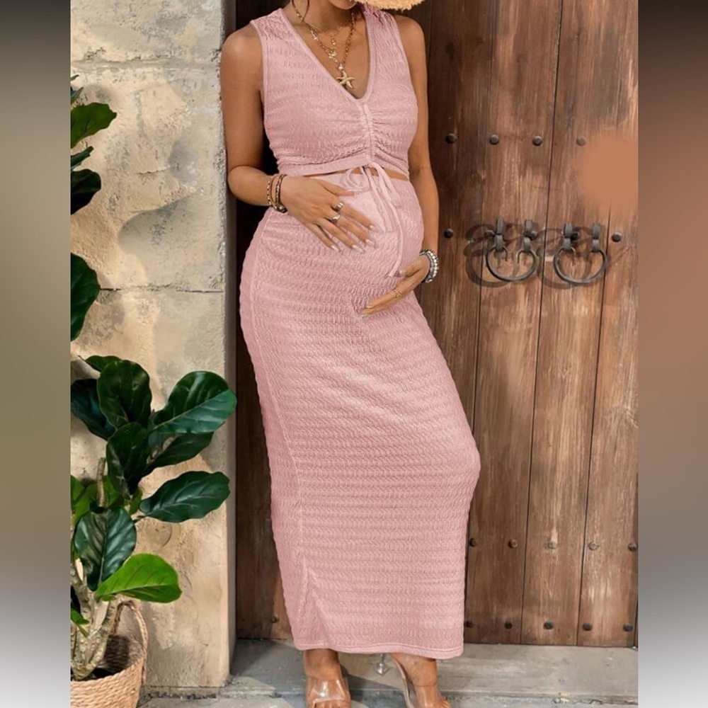 NWOT SHEIN Maternity Pink Shirred Maxi Skirt and Vest Set